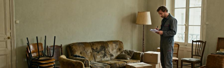 Professionnel évaluant un salon encombré de meubles et cartons avant débarras à Metz