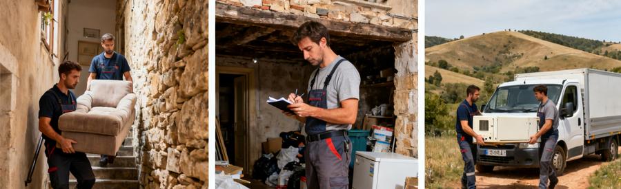 Situations Acces Debarras Tarn Escalier Village Chemin Collines Trois situations d'accès pour un débarras dans le Tarn : escalier de village, appartement urbain et chemin rural