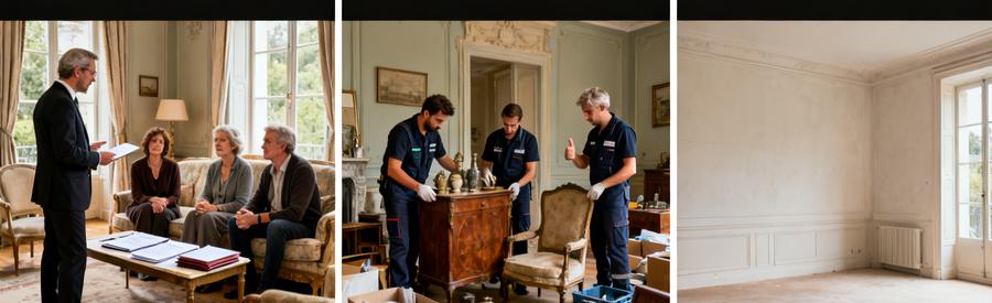 Processus de débarras succession à Thionville : accord notaire, tri respectueux des biens, puis vidage complet avec professionnels discrets.