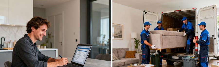 Comparaison : à gauche, client complétant sa demande en ligne en 2 minutes ; à droite, équipe de débarrasseurs professionnels vérifiés intervenant sur site à Thionville