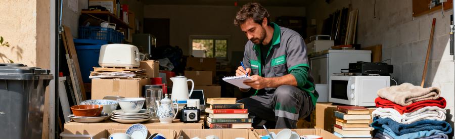 Tri Methodique Objets Valorisation Occitanie Professionnel triant objets en catégories don, recyclage et valorisation lors d'un vidage en Occitanie
