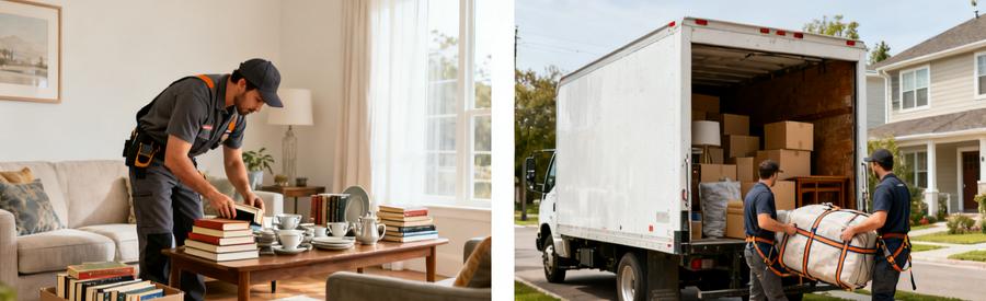 Tri Objets Chargement Camion Intervention Professionnels triant objets personnels puis chargeant camion devant pavillon lors d'intervention complète de vide-maison