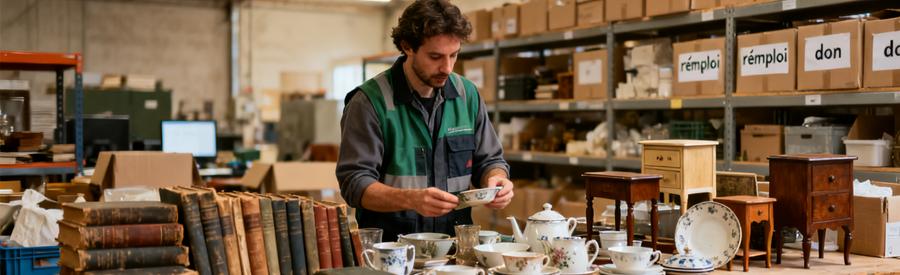 Tri Objets Recuperes Entrepot Gonesse 95 Professionnel triant objets récupérés dans entrepôt à Gonesse pour réemploi et don éco-responsable