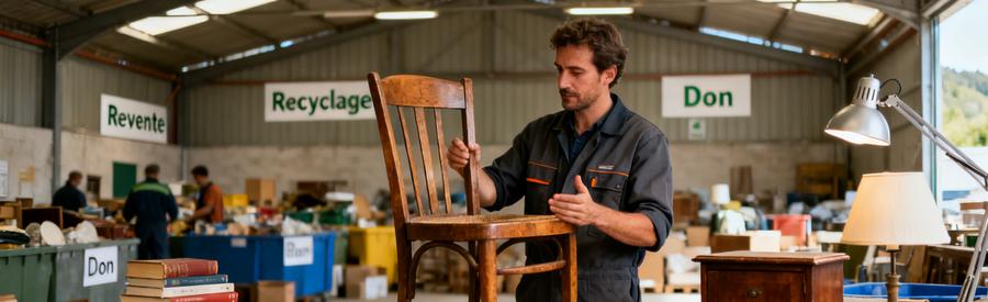 Professionnel triant objets récupérés lors d'un débarras : meubles, livres et vaisselle destinés au recyclage et revente