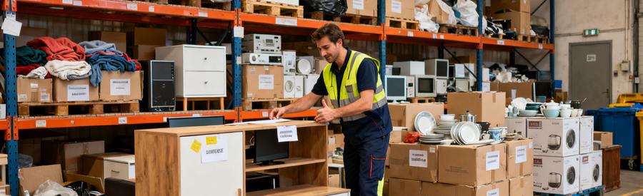 Tri Objets Reemploi Professionnel Puteaux 92 Débarrasseur organisant le tri d'objets pour réemploi dans un entrepôt à Puteaux, meubles et cartons classés par filière