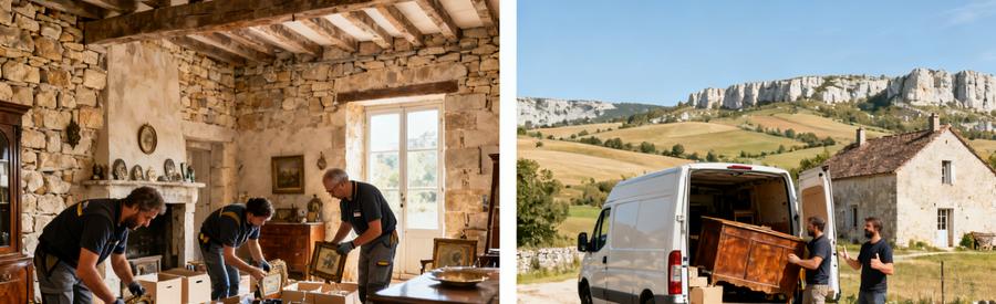 Tri Objets Succession Maison Quercynoise Lot Professionnels triant objets de succession dans maison en pierre du Lot et chargement meubles devant ferme quercynoise