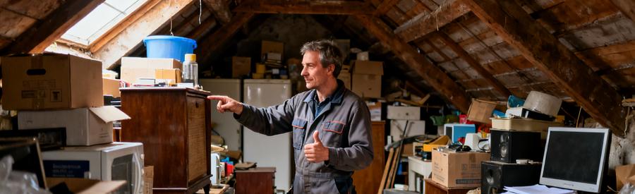 Débarrasseur professionnel en Moselle triant et évaluant les objets d'un grenier encombré avec expertise et méthode