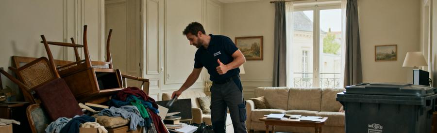 Débarrasseur triant les objets réutilisables des déchets dans un salon, montrant l'engagement écoresponsable du débarras à Beauvais.