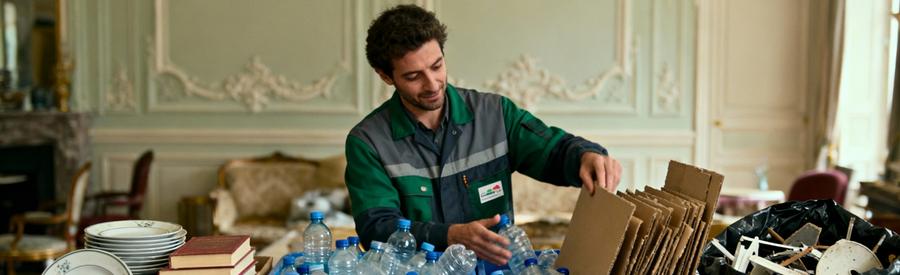 Professionnel triant méthodiquement objets réutilisables, recyclables et déchets lors d'un débarras à Saint-Ouen