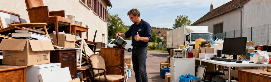 Débarrasseur professionnel triant les objets lors d'un chantier de désencombrement en Haut-Rhin, séparant les articles pour réemploi et donation.