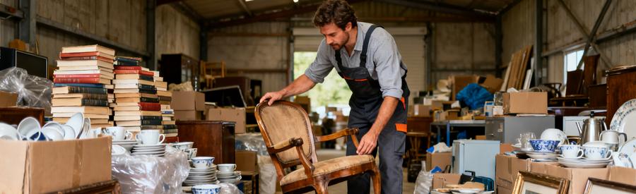 Tri Valorisation Objets Debarras Lot 46 Professionnel triant et évaluant meubles et objets pour recyclage et revente lors d'un débarras dans le Lot