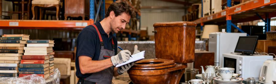 Tri Valorisation Objets Demenagement Gers 32 Professionnel triant et évaluant meubles anciens pour recyclage et revente lors d'un vide-maison dans le Gers