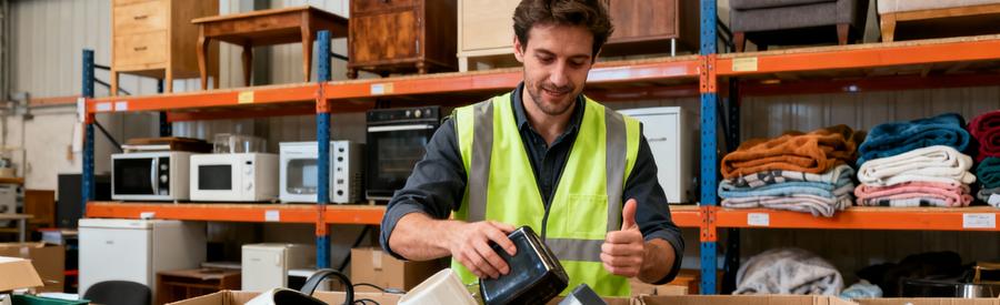 Tri Valorisation Objets Professionnel Goussainville Professionnel triant objets récupérés pour don et recyclage dans entrepôt de valorisation à Goussainville