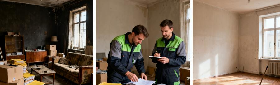 Triptyque Succession Appartement Ancien Villeurbanne Triptyque montrant débarras succession appartement ancien Villeurbanne : encombrement initial, tri professionnel, logement vidé