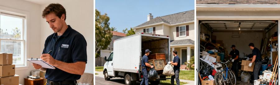 Types Intervention Demenagement Vide Maison Studio Garage Professionnels réalisant différents types d'interventions : évaluation studio, chargement maison familiale, vidage garage