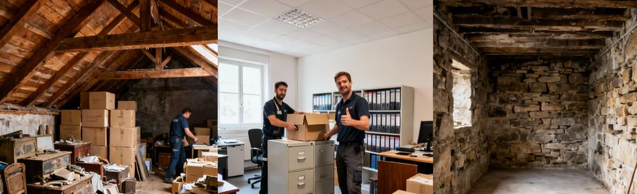 Différents types d'interventions de débarras professionnel : grenier encombré, évacuation bureau, cave vidée