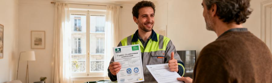 Verification Assurance Professionnelle Debarrasseur Montrouge Débarrasseur présentant son attestation d'assurance responsabilité civile à un client à Montrouge