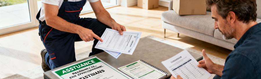 Débarrasseur certifié présentant attestations d'assurance et références à un client lors d'une intervention à Thiais