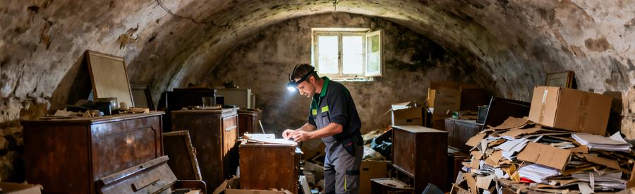 Cave voûtée à Brive-la-Gaillarde remplie de vieux meubles et cartons, débarras professionnel inspectant le contenu.
