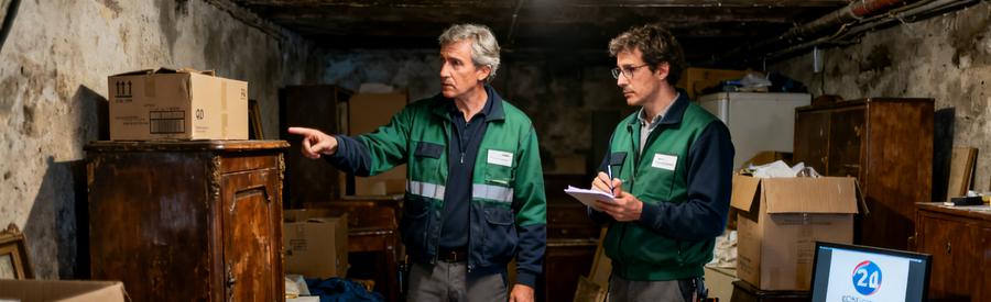Deux professionnels évaluent des objets dans une cave encombrée à Saint-Pierre-des-Corps.