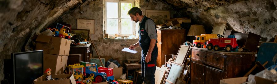 Professionnel inspectant une cave pleine d'objets anciens dans une maison des Vosges.