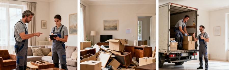 Deux professionnels évaluant des objets dans un salon pour un débarras à Roubaix, illustrant le processus de choix d'un débarrasseur.