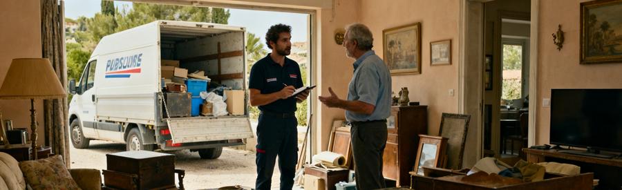 Un professionnel examine un salon encombré à Fréjus avec le propriétaire, engagés dans le processus de débarras.