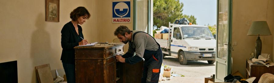 Un professionnel inspecte des meubles dans un salon en désordre à Saint-Raphaël, soulignant l'importance de bien choisir son débarras.