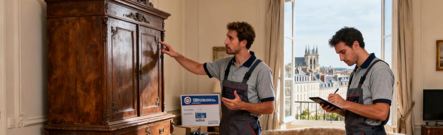 Professionnels du débarras à Tours évaluant un meuble ancien dans un salon, avec vue sur la ville.