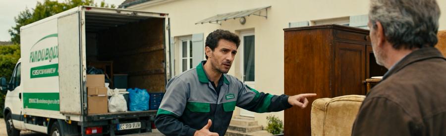 Un professionnel du débarras inspecte une maison avec un client à Vierzon, soulignant l'importance de l'évaluation sur place.