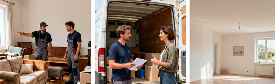 Professionnels évaluant des objets, discutant en extérieur, maison vide après débarras à La Teste-de-Buch.