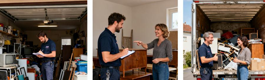 Professionnel et client discutant des objets à débarrasser dans un garage encombré, étapes du débarras.
