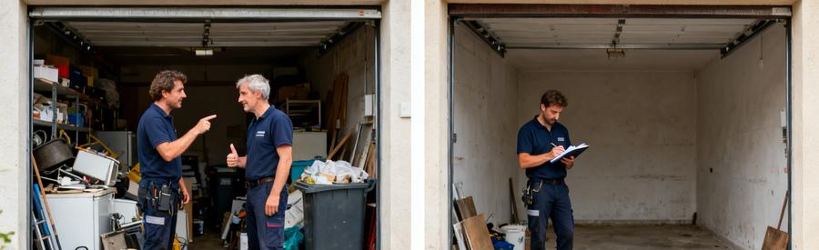 Professionnels évaluant objets dans un garage avant et après un débarras à Bourgoin-Jallieu.