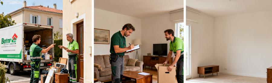Trois scènes montrant des professionnels évaluant et débarrassant des objets à Bron, mettant en avant leurs actions.