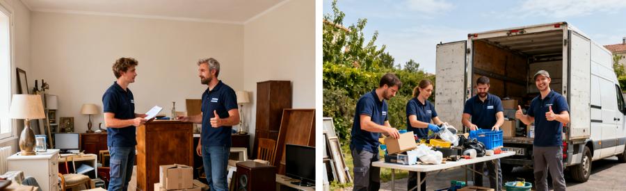 Comparaison entre débarras professionnels en Charente, montrant évaluation et tri d'objets dans une maison encombrée.