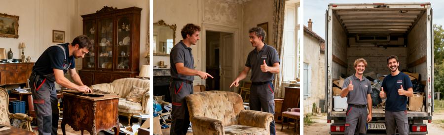 Professionnels du débarras évaluant des meubles dans un salon, discutant du chargement, avec une camionnette prête à partir.