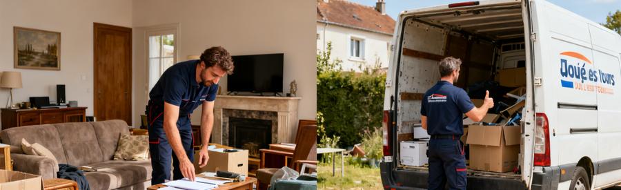Professionnel du débarras inspectant un salon encombré à Joué-lès-Tours et un autre chargeant une camionnette.