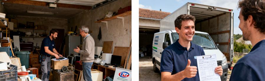 Scène de comparaison de débarras avec un professionnel évaluant des objets, puis présentant un devis à un client.