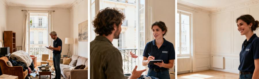 Séquence illustrant le processus de débarras à Marseille 8ème avec évaluation, tri et satisfaction après nettoyage.