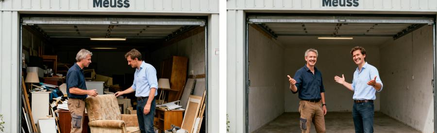 Deux professionnels comparant des meubles à débarrasser, puis affichant satisfaction devant un garage vide après le débarras.