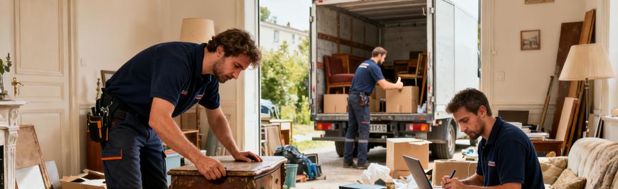 Professionnels du débarras à Palaiseau examinant des objets et chargent un camion, illustrant la comparaison des services.