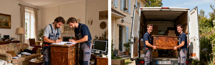 Deux pros examinant un meuble dans un salon encombré, puis le chargeant dans une camionnette.
