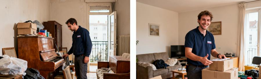Professionnels du débarras à Rouen évaluant des objets dans des appartements différents, un en étage élevé et l'autre au rez-de-chaussée.