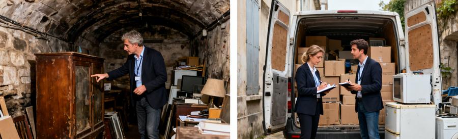 Professionnels du débarras à Tours évaluant des objets et discutant des offres.