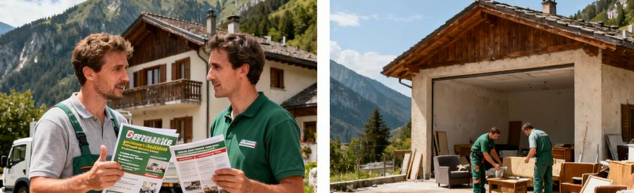 Deux débarrasseurs discutent des services en montagne, avec maison avant et après le débarras.