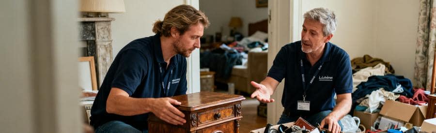 Deux professionnels du débarras à La Roche-sur-Yon discutent et comparent des objets à débarrasser dans une maison.