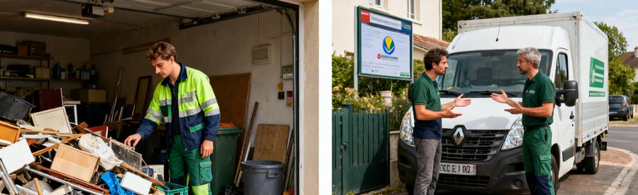 Comparaison entre deux débarrasseurs au Chesnay-Rocquencourt, observant et évaluant des objets dans un garage et devant un camionnette.