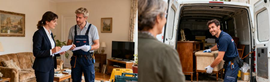 Comparaison de deux débarrasseurs dans un salon et un professionnel chargeant des meubles dans une camionnette.