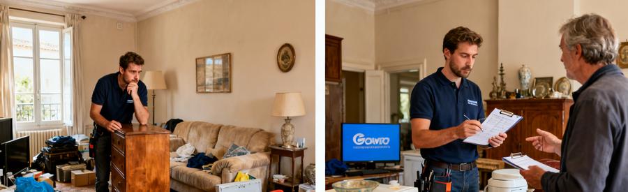 Professionnels de débarras comparant des devis dans un salon encombré à Agen, mettant en avant des objets valorisables.