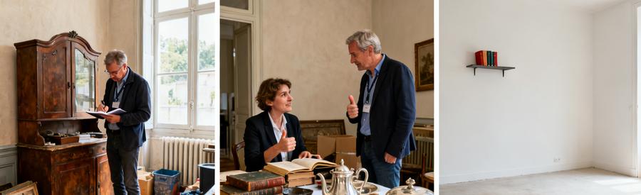 Scènes de débarras dans l'Eure : experts évaluant des meubles anciens et objets divers, suivi d'un espace débarrassé et lumineux.